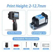 Portable 12.7mm Handheld Inkjet Printer QR Barcode Batch Number Logo Expiry Date Label Printer Gun 25 Languages Non-encrypted 2 Cartridges-12.7mm