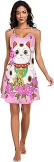 [RPLIFE] Cute Maneki Neko Pink Slip Nightgowns for Women, V Neck Sleeveless Sleep Shirts for Women, S-XXL