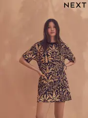 Palm Tree Print Black/Brown 100% Cotton T-Shirt Dress (E63288) | $14