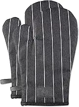 MasterChef Oven Mitts Heat Resistant, Pair of 2 Cooking Gloves, Cotton Oven Mittens, Kitchen Gloves With Vegan PU Leather Logo & Hanging Loop, Machine Washable, Black, One Size Fits All