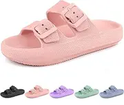[LANIVIC] Kids Cloud Slides Girls Boys Double Buckle Slip On Sandals Youth Adjustable Flip Flops Summer Soft Pillow Slippers EVA Flat Beach Pool Shower Shoes