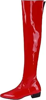[JIEEME] Patent Leather Fashion Pointed Toe Block Heel Zipper Low Heel with 3.5 cm Comfortable Over-The-Knee Boots for Women Big Size 35-46 t88432