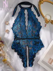 Sexy Lingerie Lace Transparent Blue Backless Crotchless Teddy Bodysuit for Women
