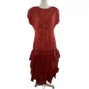 Vintage Art Deco Red Silk Sequin Beaded Evening Gown Formal Dress Large NWT