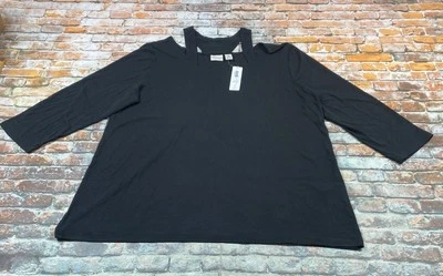 Chicos Tunic Top Womens XL Black Cold Shoulder 3/4 Sleeve Stretch Flowy Casual