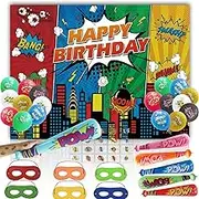 51 Pcs Hero Birthday Party Supplies Include 6.5X 5 Ft Hero Background 6 Hero Masks 6 Pow Inflatable 18 Hero Balloons 20 Tattoo Stickers Hero Themed Parties Carnival Gifts