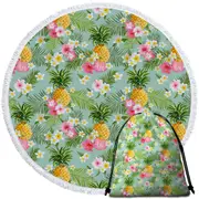 Pink Hibiscus White Plumeria and Pineapple Round Beach Towel