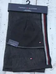 TOMMY HILFIGER Men's SCARF Beanie HAT SET Jacquard NEW GRAY RED 72"x 10" / $98