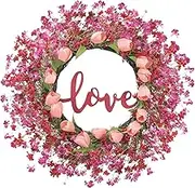 Valentines Day Wreath Decor, 22inch Artificial Pink Wreath with Tulip Berry Green Leaf Element