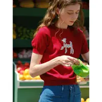 在飛比找ETMall東森購物網優惠-MintCheese 法式少女手繪可愛貴賓犬短款薄棉針織短袖