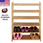 Shoe Rack Storage Organizer Multi-purpose Concise Rectangle 6 Tiers Bamboo Wood