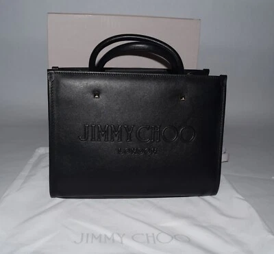 NWT Authentic JIMMY CHOO Avenue S Smooth Leather LOGO Tote Bag Crossbody BLACK