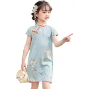 Girls Short-Sleeved Cheongsam Dress Chinese Style Retro Hanfu Summer Outfit