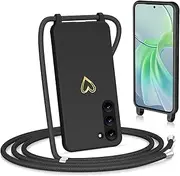 Noyabox Mobile Phone Case with Strap for Samsung Galaxy S23, Golden Heart Silicone for Hanging, Mobile Phone Chain with Removable Cord, Necklace Case, Shockproof with Camera Protection, Black