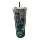 Water Bottle W/ Straw Double Wall Screw on Lid Floral Aqua 24 oz BPA Free