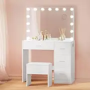 Artiss Dressing Table, 15 Bulbs LED Mirror Makeup Stool Set Wooden Vanity Desk Chair, Home Bedroom Furniture Girls Kids Women Organisers, Drawers Shelves Wide Tabletop White