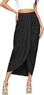 [Generic] Women's Casual Slit Wrap Asymmetrical Elastic High Waist Maxi Draped Skirt