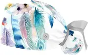 [WOSHJIUK] Working Hat 2 Pack Scrub Caps for Women,Ethnic Feather Watercolor Dream Catcher,Tie Back Cap Adjustable Scrub Hat