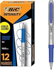 BIC GPMU11-BE Intense Permanent Ultra Fine Point Markers – Box of 12 – Low Odour, Non Toxic, Snap Lock Cap, Non Slip Grip - Blue Ink, (7321486)