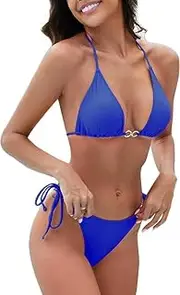[Evolyline] Triangle Bikini Sets for Women Sexy String Thong Two Piece Bathing Suit Spaghetti Strap Cheeky Solid Color Swimsuit, Blue, Large