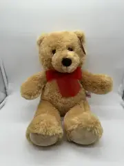 Plush Bear Brown Aurora Stuffed Animal Toy Large Red Neck Bow Teddy 16"