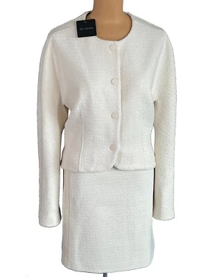NWT ST. JOHN Knits Ecru Tweed Leather Jacket Blazer Skirt Suit sz 18/16 $1990