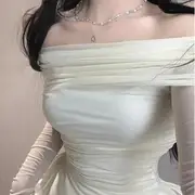 Long-Sleeve Off Shoulder Plain Top Top - White - S