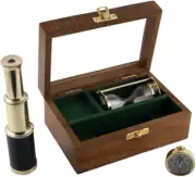 Nautical Brass Telescope with Hourglass & Pocket Compass in Wooden Box-Gift Set