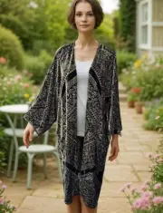 Johnny Was L Deep Green Burnout Velvet Long Kimono Duster Wrap Jacket Coat NWT