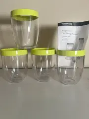NEW 4 Tupperware Chic STEMLESS WINE WATER GLASSES ACRYLIC 11 Oz Green Rim 350 ML