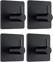 Moutek - Self Adhesive Hooks, Matte Aluminium Alloy 5KG Heavy Duty Wall Hooks for Bathroom Kitchen Living Room 4 Pack (Black)