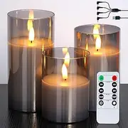 Clear Glass Flameless Candles Battery Operated with Timer, Remote Control, LED Pillar Candles Battery Powered, D3 H4 5" 6", Set of 3 (Grey+Rechargeable)