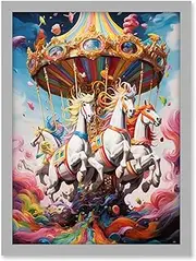 Magical Carousel in Rainbow Clouds Bright Bold Vibrant Fantasy Kids Bedroom Baby Nursery Artwork Framed A3 Wall Art Print