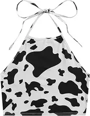 [Generic] Women's Cow Print Sleeveless Backless Tie Knot Halter Cami Crop Top