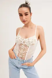 White Appliques Mesh Lace One Piece Teddy Bodysuit - Size M, Women's Lingerie