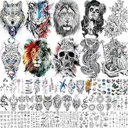 LEIAOLY 53 pieces of tattoo stickers Half arm temporary tattoo waterproof and durable, Halloween skull false temporary tattoos War wolf watercolor flower tattoo star decal