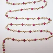 Ruby & Pearl Rosary Chain, 24K Gold Plated - 3mm Natural Gemstone Beads, Jewelry