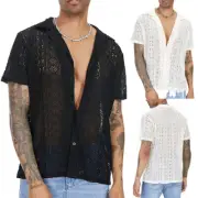Mens Crochet Floral Lace short Sleeve Shirt See-Through Mesh Collared Top Party