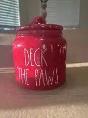 DECK THE PAWS*Lidded Biscuit Cookie Jar/Cannister Red White Letters*Rae Dunn*New