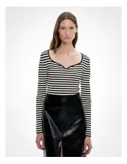 [Witchery] Shaped Neck Bodysuit in Black Stripe