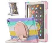 Silicone + PC Protective Case with Holder & Shoulder Strap For Amazon Kindle Fire HD 10 2021(Colorful Pink)