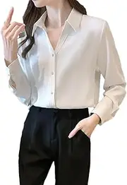 [Generic] Women's Chiffon Shirts Spring-Autumn Office Ladies White Shirt Elegant Casual Solid Long Sleeve Blouses