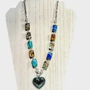 Millefiori Beaded Necklace Heart Shaped Pendant Artisan Made NWT 22" And Pendant