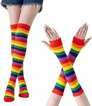 [Generic] 4 Pcs Rainbow Striped High Socks Pride Day Party Long Knitted Arm Warmers Fingerless Gloves Women Halloween Prom Parade Mardi Gras Festival Supplies, Multicolor, Small