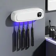 UV Toothbrush Sanitizer, Antibacterial Wall Mounted Toothbrush Holder with 4 Slot, Digital Time Toothbrush & Razor Holder, 3600mAh Rechargeable Cordless Wall-Mounted Bathroom No Drilling(White)