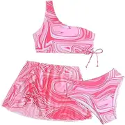 [COOLOYA] Girl's 3 Piece Bikini Set Marble Print Bathing Suit One Shoulder Swimwear with Skirts Cover Ups