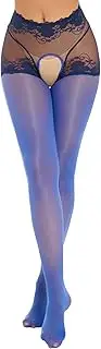[Choomomo] Women's Glossy Sheer Tights Floral Lace Patchwork Crotchless Pantyhose Footed Stockings Lingerie
