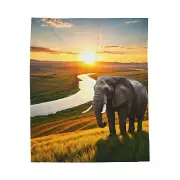Elephant Prairie River on Horizon Sunset Collection; Velveteen Plush Blanket
