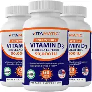 3 Pack - Vitamin D3 50,000 IU (As Cholecalciferol), Once Weekly Dose, 1250 Mcg,