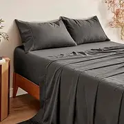 Serene 400TC Bamboo Cotton Blend Sateen Sheet Set Pillowcase 60% Bamboo 40% Cotton - Charcoal (Double: 1 x Flat Sheet 228x260cm, 1 x Fitted Sheet 137x193+40cm, 2 x Pillowcases 48x73+15cm)